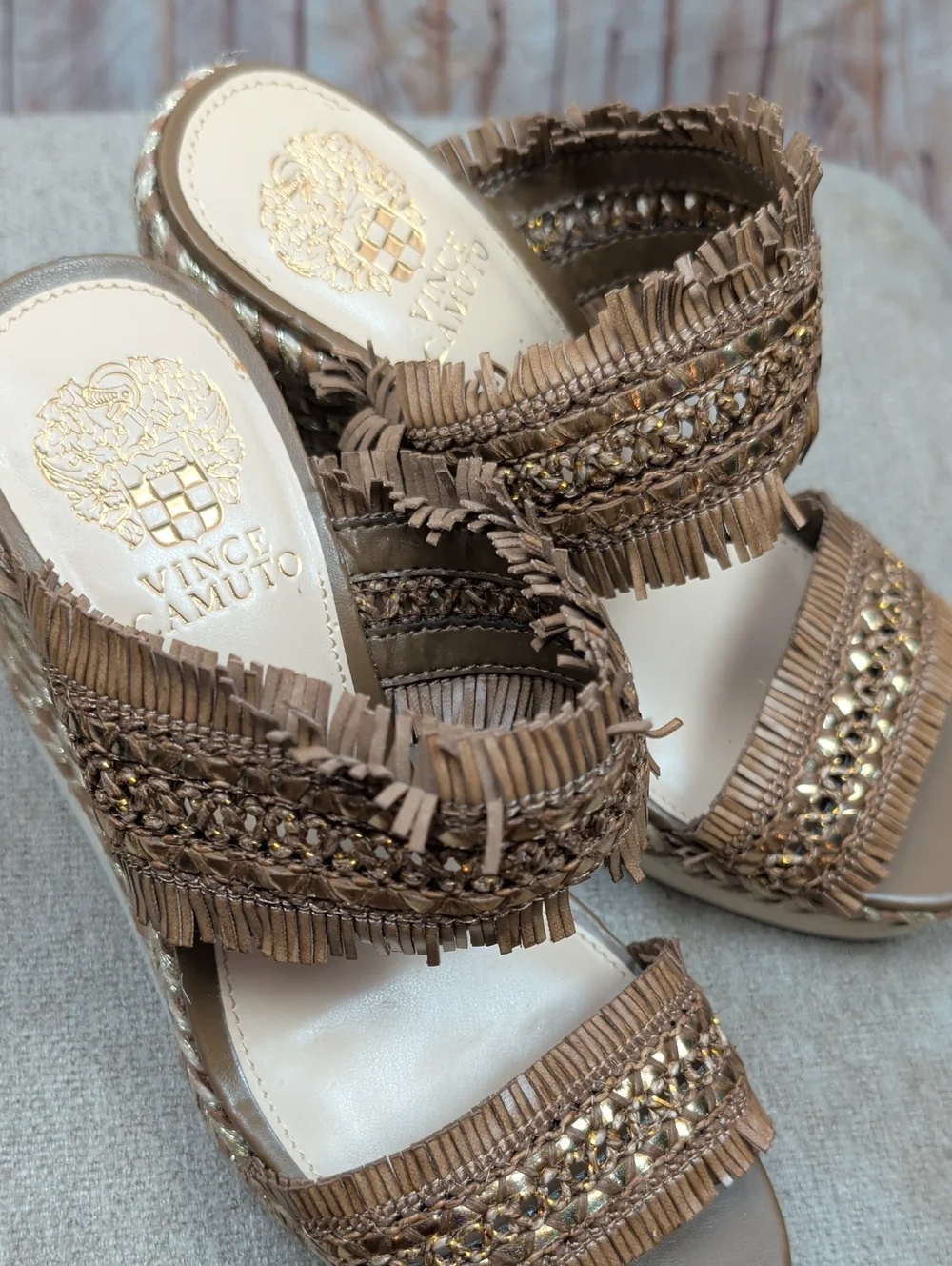 Vince Camuto Fringe Platform Wedge Sandals - Brown 7.5